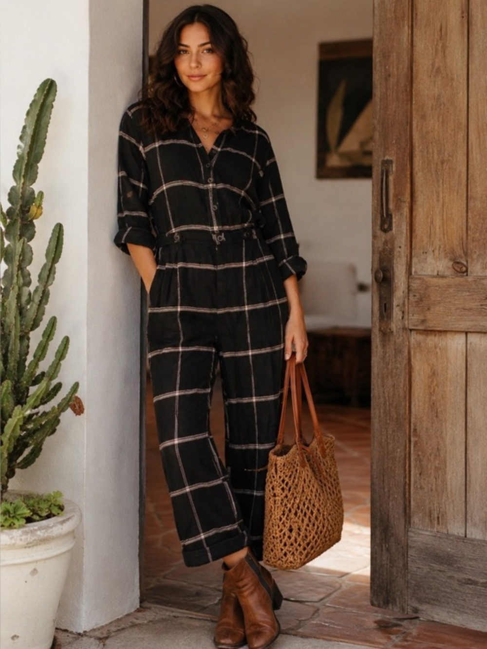 Free People Black Plaid Jumpsuit Small Button Front Gauze Modern Boho Casual - Picture 1 of 6